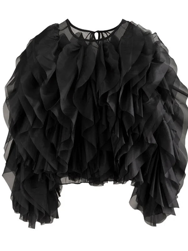 TWOTWINSTYLE Elegant Patchwork Ruffles Chiffon Blouses Women O Neck Lantern Long Sleeve Loose Shirt Female Clothing Fashion - Matrix-studios.com