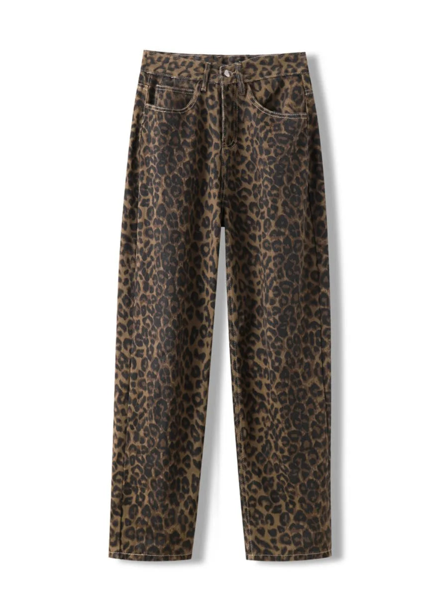 Leopard Print Jeans for Women High Waisted Y2k Retro Fashion Streetwear Denim Pants Hip Hop Straight Wide Leg Baggy Jeans - Matrix-studios.com