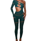 Whatiwear Rhinestones Patchwork Jumpsuit Women Sexy Hollow Skew Collar Single Sleeve Hottie Midnight Club Party Coquett Overalls - Matrix Studios