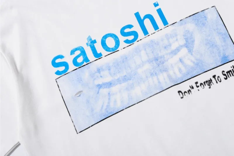 Fading Letter Print Hole SATOSHI Tshirts Breathable Cotton Round Neck Short Sleeve Summer Street Casual Tops Men Women White Tee - Matrix-studios.com
