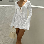 Fashionable Knitted Bikini Cover-Up Dress, Sexy Slim-Fitting Hollow Out Texture Short Dress, Spring & Fall Vacation Style - Matrix Studios