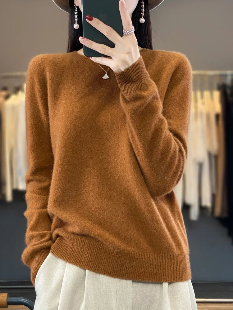 100% Merino Wool Sweater Women O-neck Cashmere Knitwear Female Pullover Autumn Winter Casual Tops Solid Color Soft  Clothing - Matrix Studios
