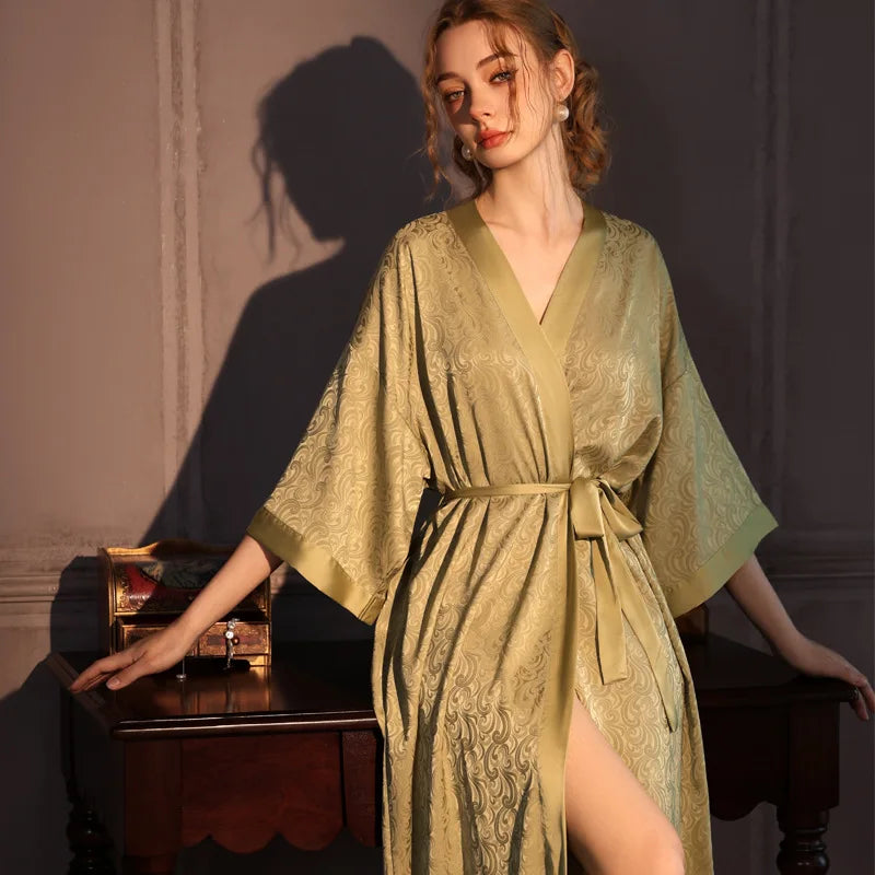Luxury Jacquard Long Robe Nightgown Women Half Sleeve Kimono Bathrobe Gown Satin Ice Silk Sleepwear Sexy Home Dress Lounge Wear - Matrix-studios.com