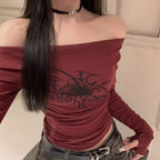Women Y2K Gothic Grunge T Shirts Off Shoulder 2023 Autumn Streetwear Fairycore Hip Hop Tops Punk Casual Tees Female Clothes - Matrix-studios.com