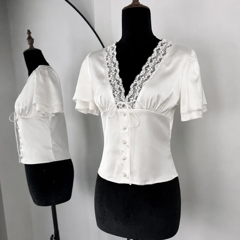 Tossy Lace Summer V-Neck T-shirt Top For Women Lace-Up Hollow Out Short Sleeve Printed Cropped Top Pullover Female Bandage Tee - Matrix-studios.com