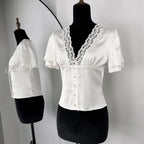 Tossy Lace Summer V-Neck T-shirt Top For Women Lace-Up Hollow Out Short Sleeve Printed Cropped Top Pullover Female Bandage Tee - Matrix-studios.com
