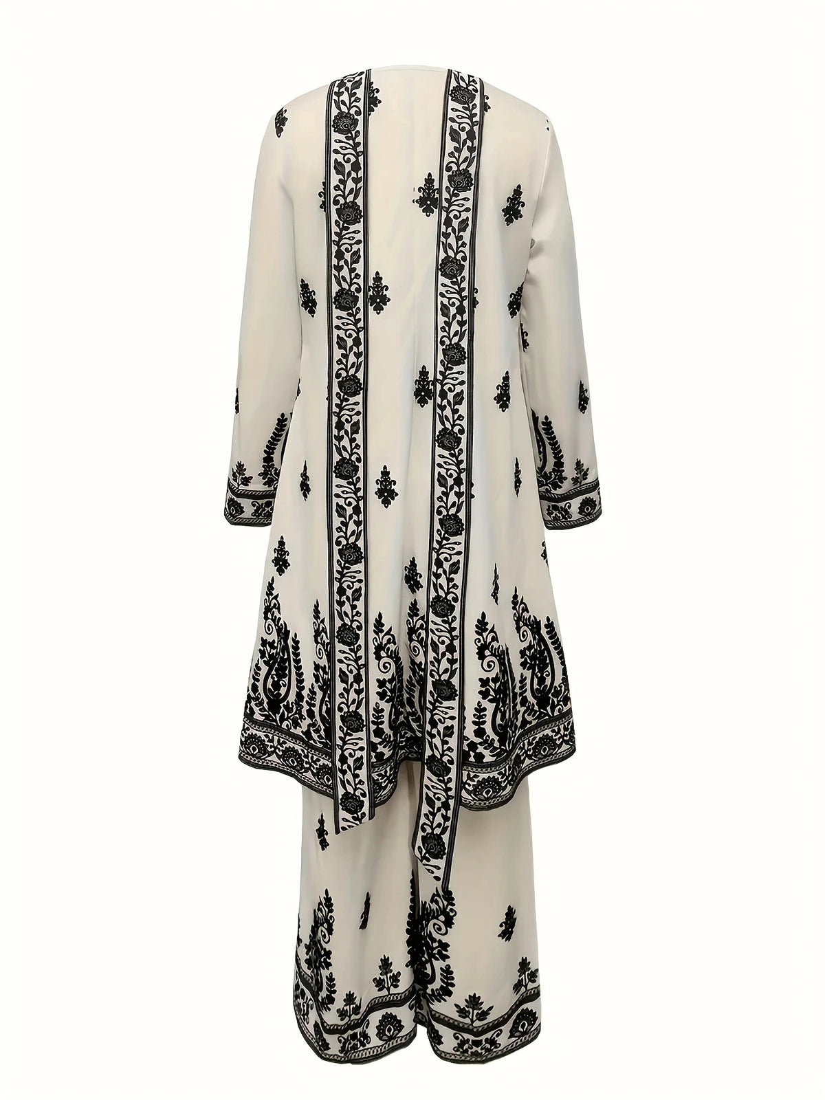 Plus Size Women's Off-White and Black Printed Three-Piece Set Ethnic Style Crew Neck Long Top Wide-Leg Pants and Headscarf Set - Matrix-studios.com
