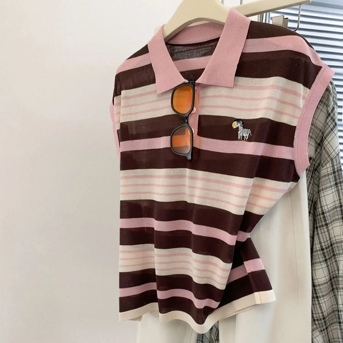 Stripe Short Sleeve T-Shirt Women's Summer Embroidered Ice Silk Loose Polo Blouse - Matrix-studios.com