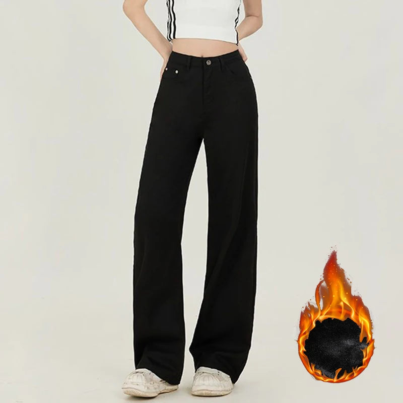 Winter Girls Thermal Fleece High Waist Jeans Lady Snow Warm Plush Denim Pants Women Classic Fashion Straight Leg Trousers - Matrix-studios.com