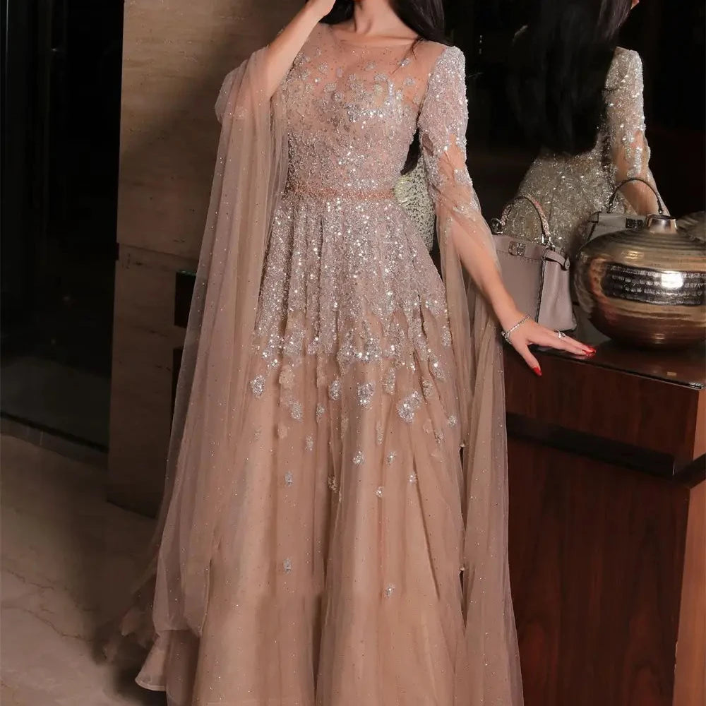Customized Batwing Sleeves A-line Evening Dresses Shiny Tulle Sequin Applique Exquisite Prom Gown Elegant Party Dress - Matrix-studios.com