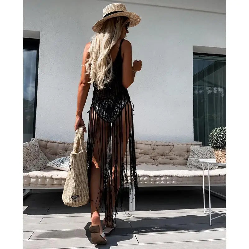 Beach Cover Ups for Swimwear Women Sexy Hand Hook Hollow Out Sunscreen Shirt with Long Tassel Beach Cover - Matrix Studios