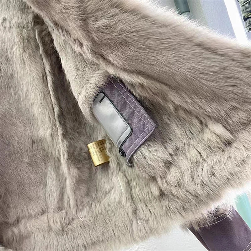 2024 Autumn Short Style Fur Women Sheepskin Jacket Tanned Suede Fabric With 100%Natural Rabbit Lining Luxury Fashion Coat - Matrix Studios