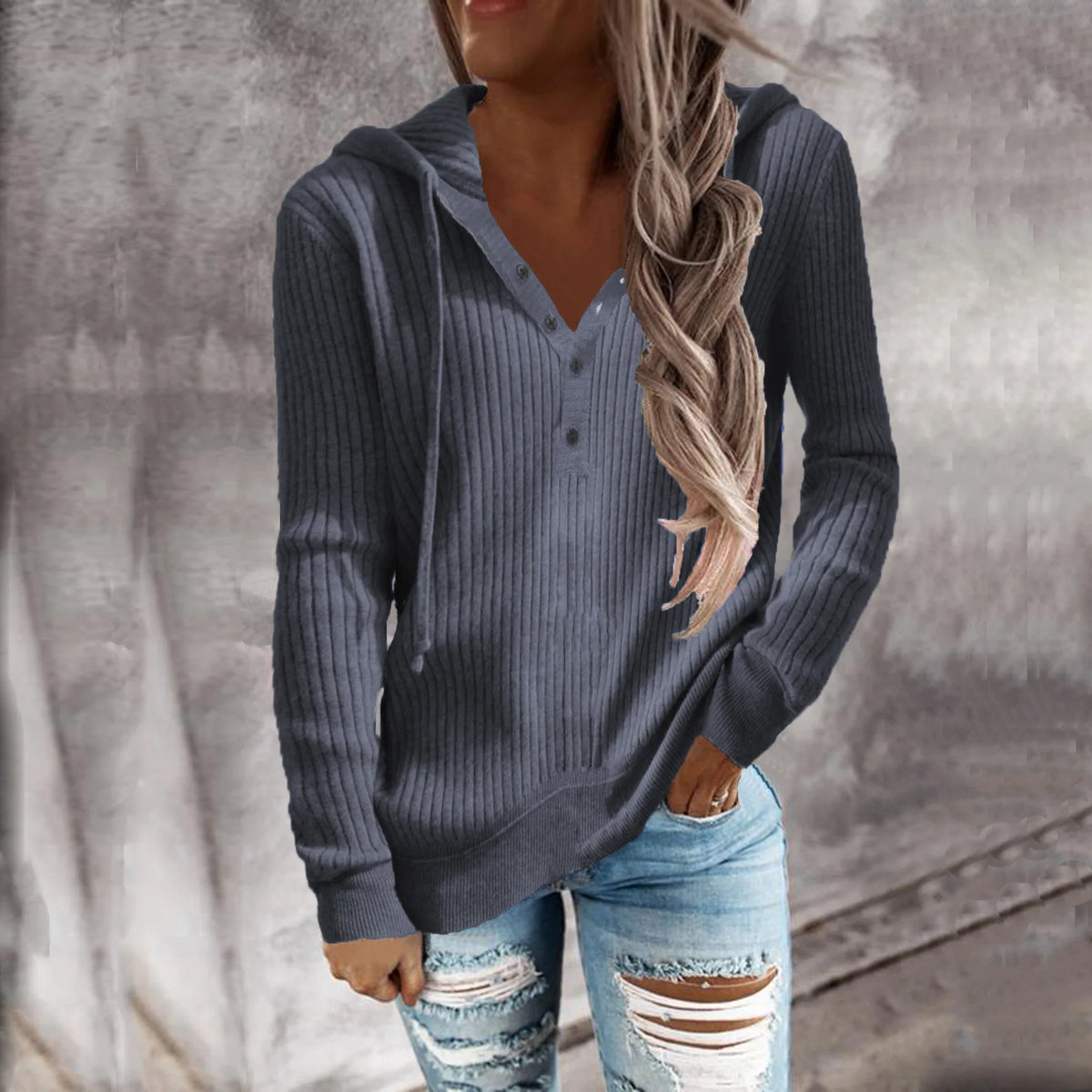 Autumn and winter new style striped casual hoodie loose knit sweater open-necked long-sleeved sweater woman - Matrix Studios