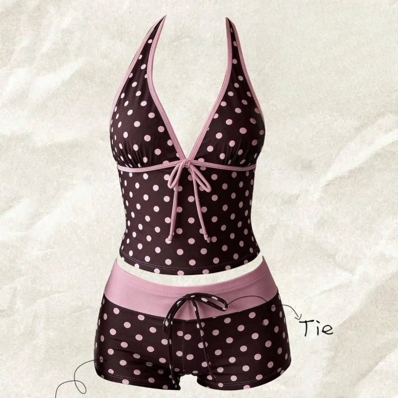 Women Swimwears Polka Dot 2-Piece Tankini Set Halter V Neck Front Tie Cami Top & Contrast Waistband Drawstring Swim Shorts - Matrix-studios.com