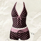 Women Swimwears Polka Dot 2-Piece Tankini Set Halter V Neck Front Tie Cami Top & Contrast Waistband Drawstring Swim Shorts - Matrix-studios.com