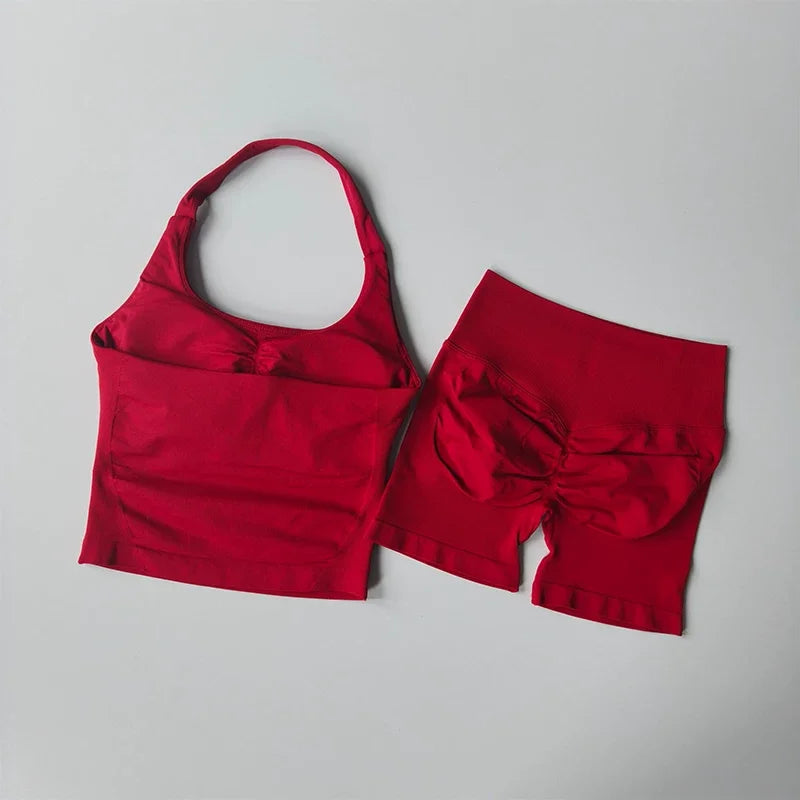 Yoga 2 Pieces Gym Set Women Backless Halter Tops High Waist Seamless Shorts Gym Suit Fitness Sports Bras Sportswear Workout Sets - Matrix-studios.com