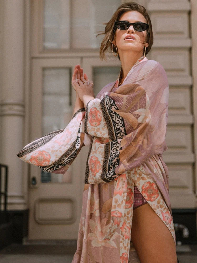 2025 Bikini Cover-ups Pink Boho Print Self Belted Front Open Long Kimono Dress Beach Tunic Women Swim Suit Cover Up Dress - Matrix Studios
