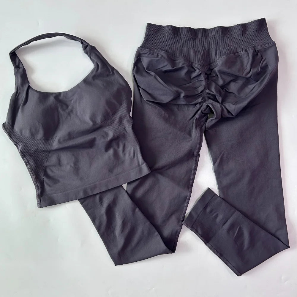 1-2pcs Gym Set Women Backless Tank Tops High Waist Scrunch Seamless Shorts High Waist Yoga Leggings Workout Sets Gym Suit - Matrix-studios.com