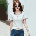 New Women Summer Cotton Polo T-shirt Fashion Button Plaid Turn-down Collar Short Sleeve Slim T-shirt Simplicity Casual Tees Tops - Matrix-studios.com