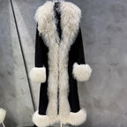 Suede Coat Fur Collar Women Autumn Genuine Sheepskin Coat Long with Mongfolian Fur Trim - Matrix Studios