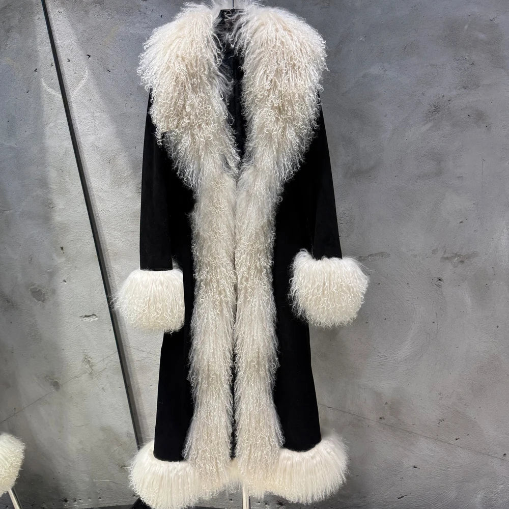 Suede Coat Fur Collar Women Autumn Genuine Sheepskin Coat Long with Mongfolian Fur Trim - Matrix Studios
