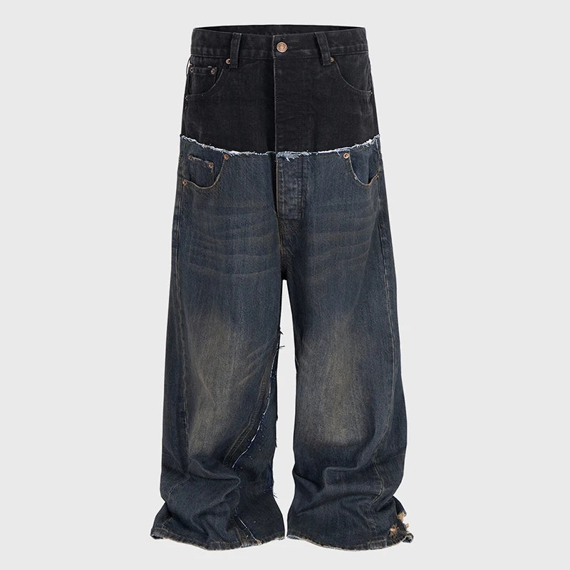 PFNW Niche Colorblock Patchwork Wide Leg Blue Jeans Men's Spring 2025 New Straight Double Waist Design Denim Trousers 28W6048 - Matrix Studios