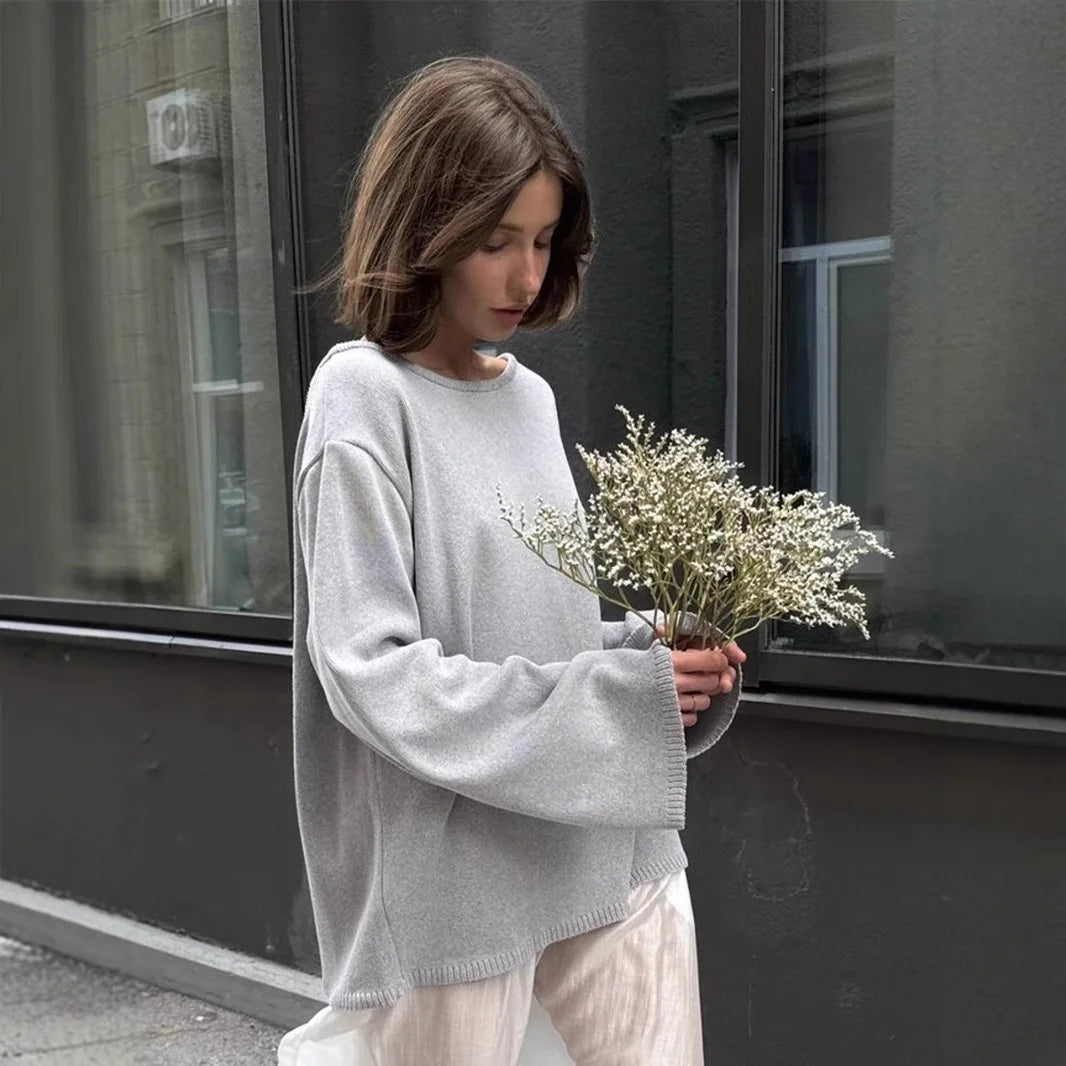 Original Backless O-neck Cotton Knit Sweater Autumn and Winter Women Simple Loose Soft Warm Elastic Daily Office Casual Sweater - Matrix Studios