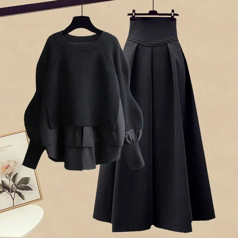 2026 Spring/Autumn New Korean Elegant Splice Fake Two Piece Knitted Sweater Dress Matching Set Women's Chic Pullover Skirt Set - Matrix-studios.com