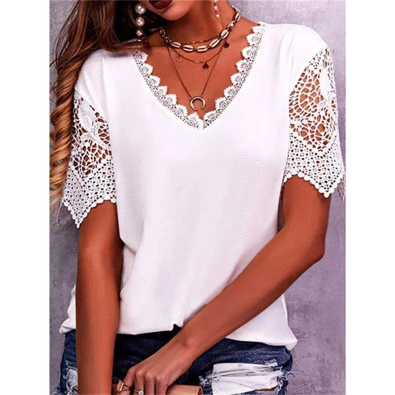 Spring Summer Women Shirts Elegant Hollow Out Lace Short Sleeve V-neck  Casual Chic Oversized Blouses Solid Color Streetwear Top - Matrix-studios.com