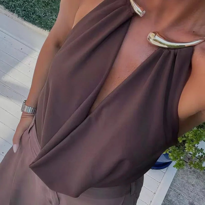 HXAO Brown Halter Bodysuit Women Summer Bodys For Sexy Women Off Shoulder Sleeveless Thong Bodysuit With Open Back Rave Bodysuit - Matrix-studios.com