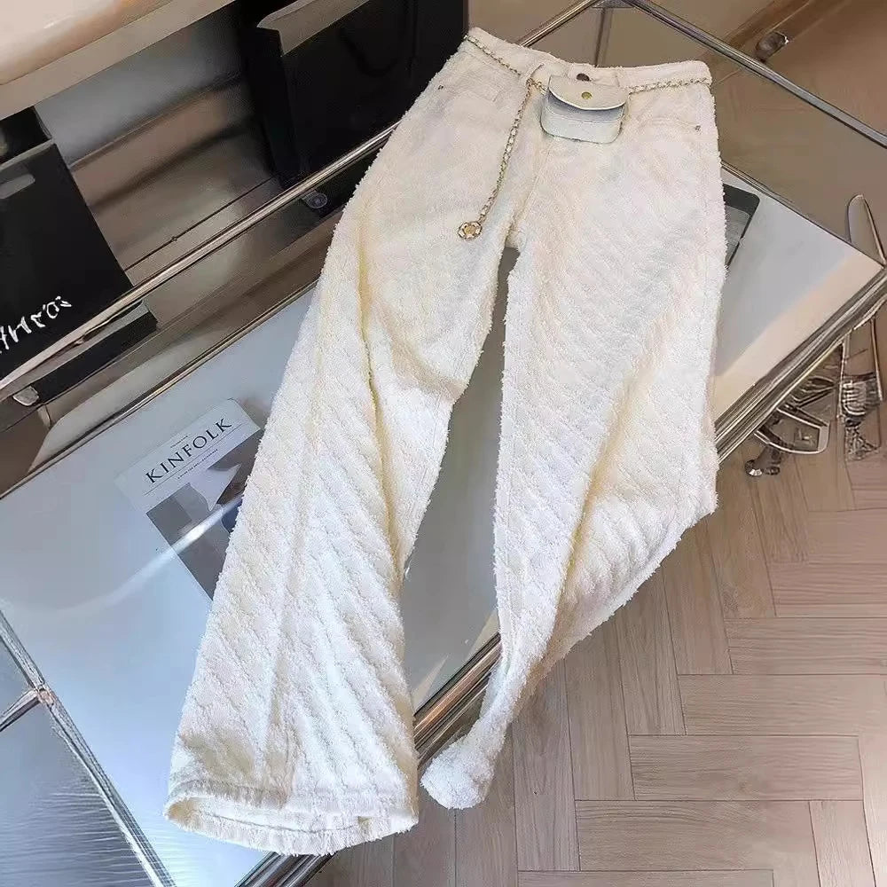 White Plaid Straight Loose Pants Women Spring Autumn Fashion Jeans 2025 New High Waist Wide Leg Full Trousers Female Denim Pants - Matrix-studios.com