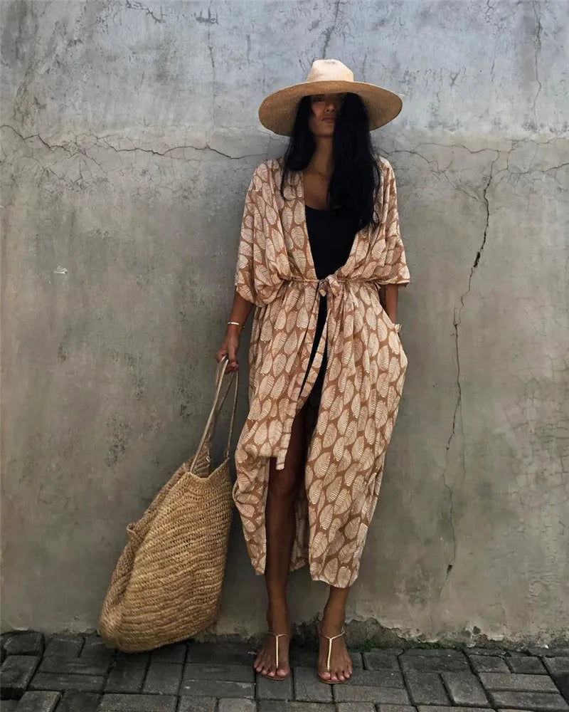 Women Plus Size Long Cover up Bikini Coverups Kimono Tie Front Bathing Suit Swimsuit Beachwear - Matrix Studios