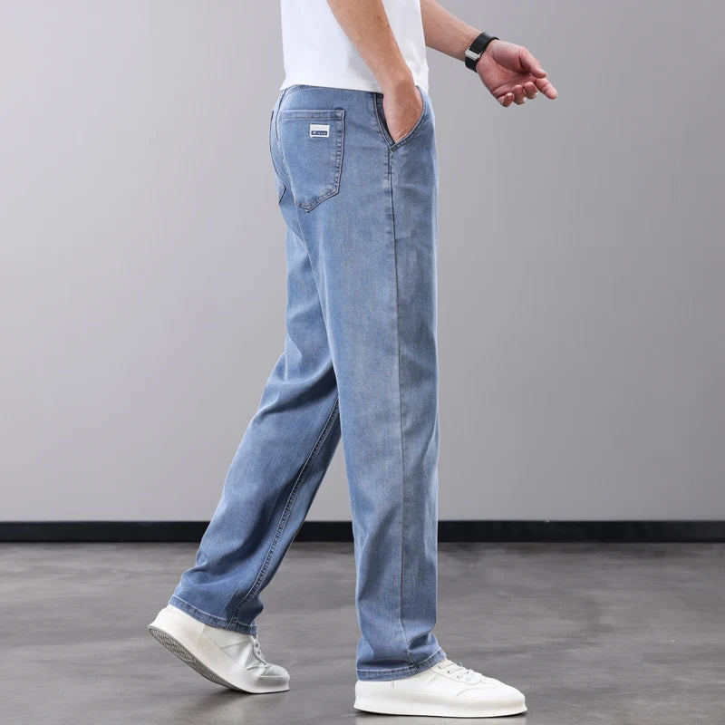 Summer Thin Men's Jeans Lyocell Fabric Soft Breathable Straight Denim Pants Brand Man Elastic Ice Silk Casual Trousers Grey Blue - Matrix Studios