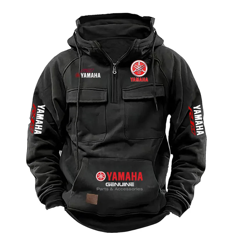 2026 New YAMAHA Logo Motorcycle Racing Race Retro Velvet Half Zipper Hoodie Men's Multi Pocket Autumn/Winter Casual Sweatshirt - Matrix Studios
