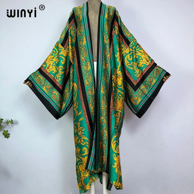 WINYI Kimono Africa Summer Boho Print Bikini Cover-up Elegant Fashion Cardigan Sexy Holiday Long Sleeve Silk Feeling Maxi Dress - Matrix Studios