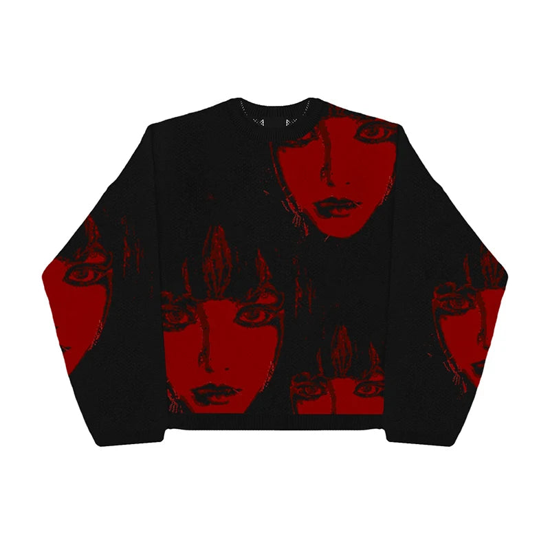 New Hip Hop Streetwear Knitted Sweater men Gothic portrait Print Pullover autumn Harajuku Cotton sweater women Oversized Sweater - Matrix Studios