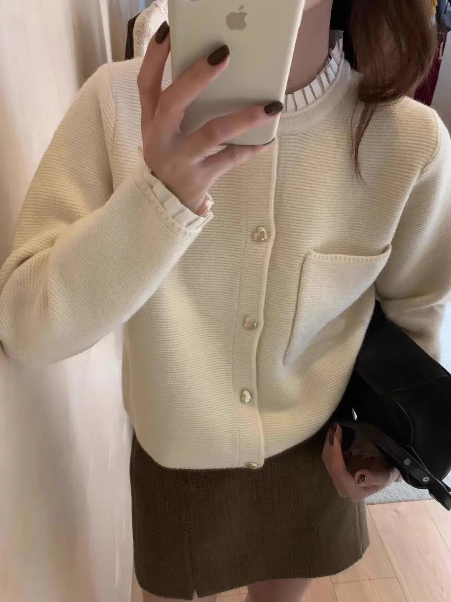 Women Clothing Autumn New Love Button Pleated Collar Knitted Cardigan Jacket Female Lazy Style Sweet Korean Fashion Sweater Tops - Matrix Studios
