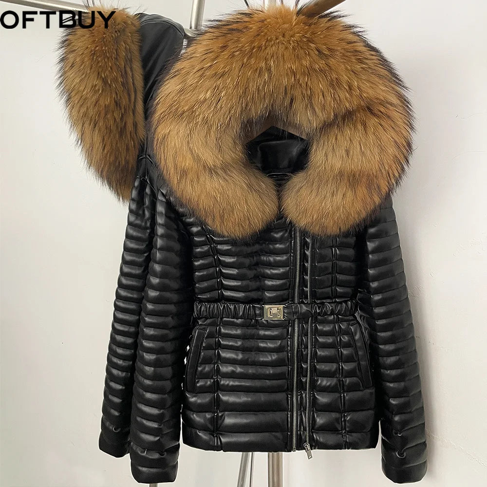 OFTBUY Winter Real Fox Fur Collar Coat Women Duck Down Jacket Female PU Leather Belted Hooded Warm Duck Down Parka Outerwear - Matrix Studios