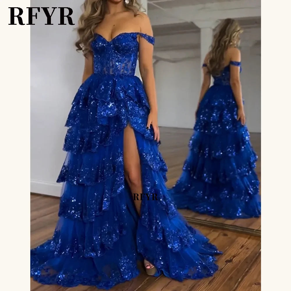 RFYR Puffy Evening Dress Off Shoulder Party Dresses Sweetheart Layered Prom Dress Appliques Evening Dress for Women Customized - Matrix Studios
