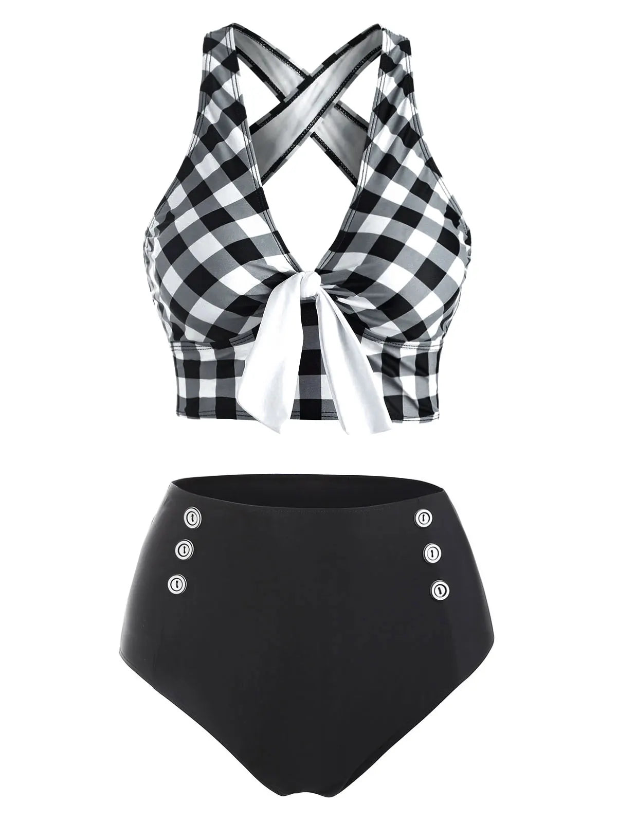 Dressfo Women's Tummy Control Tankini Swimwear Vintage Plaid Print Swimsuit Corset Style Mock Button Summer Beach Bathing Suit - Matrix-studios.com