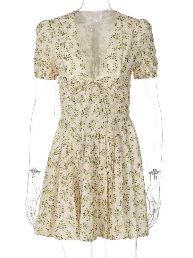 Hugcitar 2026 Floral Print V Neck Short Sleeve Lace Up Zip Up Sexy Slim Pleated Mini Dress Summer Elegant Outfits Party Vacation - Matrix-studios.com