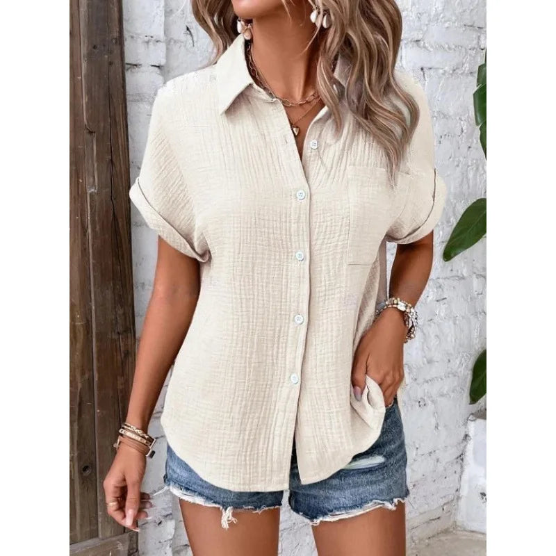 Women Casual Cotton Blouse Vintage Summer Short Sleeve Slim Shirt Elegant Turn Down Collar Solid Tunics Harajuku Streetwear Tops - Matrix-studios.com