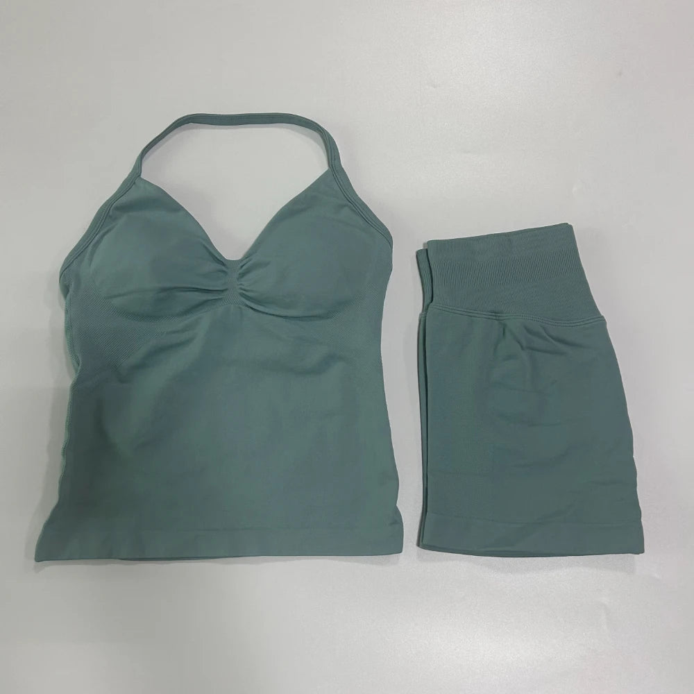 No Logo 2Pcs Gym Set Women Backless Tank Tops High Waist Scrunch Seamless Shorts Gym Suit Fitness Clothes Activewear Workout Set - Matrix-studios.com