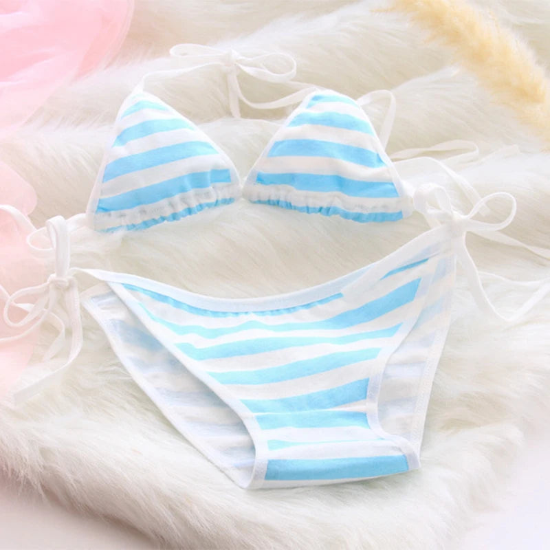 2PCS Women Bra Panties Set Sexy Lingeries Cotton Seamless Kawaii Bikini Lace-up Strap Blue White Striped Suit Female Underwear - Matrix-studios.com
