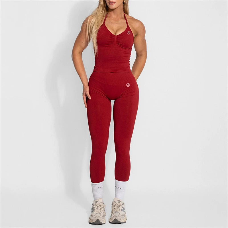 Women's Yoga Set Bum Balance Fitted Halter Tops & Shaping Pants 2pcs Yoga Sportwear Workout Gym Clothing High Waist Leggings Set - Matrix-studios.com