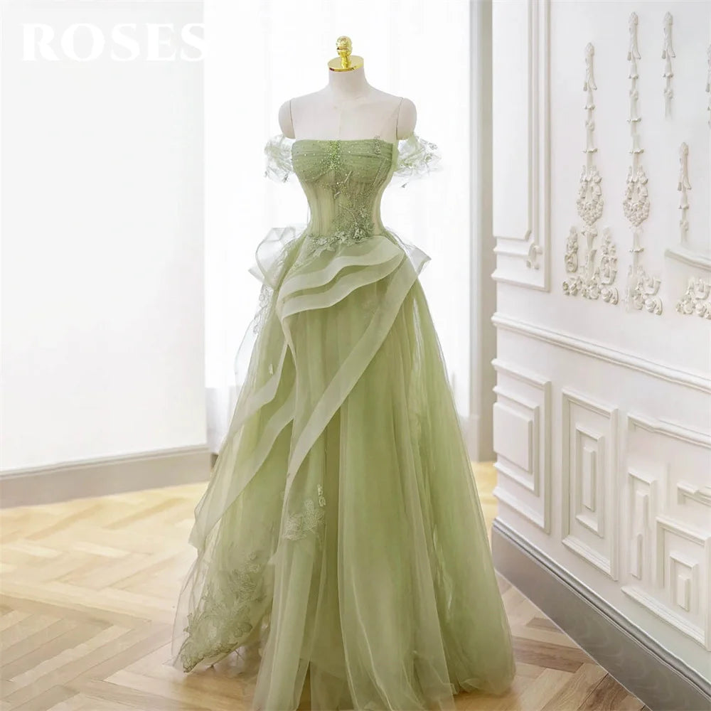 ROSES Sage Green Prom Dress Appliques Tulle Celebrity Dresses Tiered Pleat Women's Evening Dress Sweetheart Formal Gown 프롬 드 - Matrix-studios.com