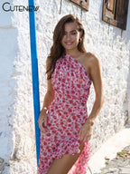 Cutenew Floral Print Women Midi Dresses Fashion Incline Shoulder Bandage Ruffle Splited Vestidos Female Vacation Street Bodycon - Matrix-studios.com