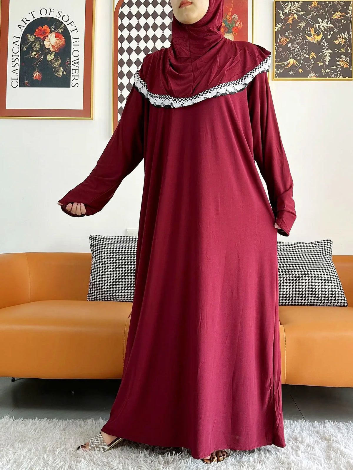 2023 Muslim Solid Cotton Abaya For Women Ramadan Prayer Garment Joint Hat Dubai Turkey Middle East Femme Robe Floral Loose Dress - Matrix-studios.com