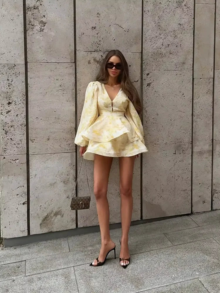 Women Floral Print Mini Dress V-neck Balloon Sleeve Keyhole Detail Tiered Ruffle Hem Dresses 2026 New Summer Holiday Party Gowns - Matrix-studios.com