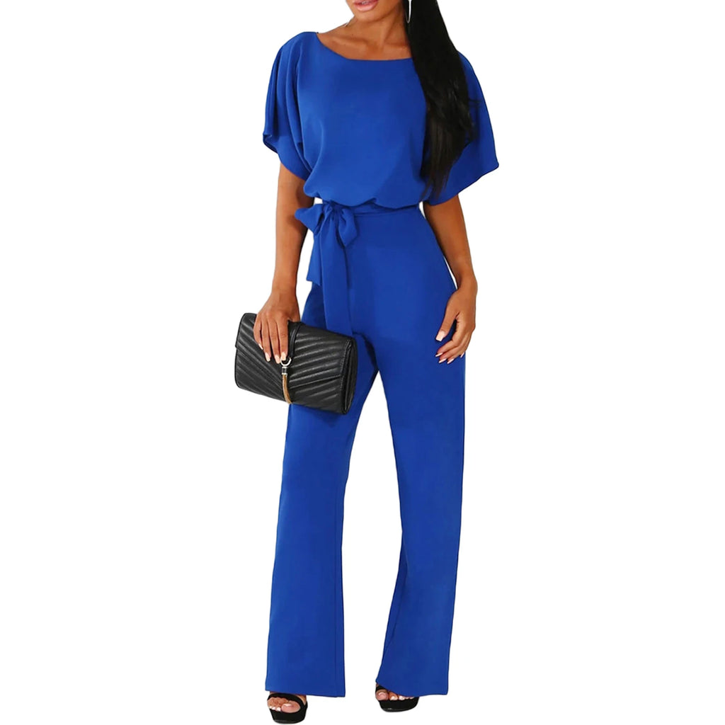 Women Jumpsuits Elegant Solid Color Flare Short Sleeve Waist Tie Wide Leg Pants Romper Summer Streetwear - Matrix Studios